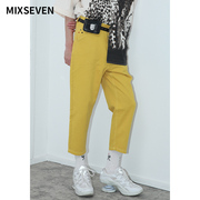mixseven原创设计姜黄色(姜，黄色)休闲裤男九分裤潮宽松口袋刺绣裤子
