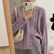 浅紫色麻花毛衣纯色开衫女2023秋冬宽松气质圆领保暖针织外套