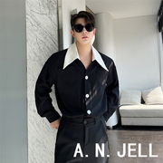 韩国版男装东大门22春发型师明星黑白，大尖领撞色宽松v领长袖衬衫