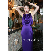 绿色云香根鸢尾简约气质通勤一字，领收腰包臀紫色三醋酸连衣裙