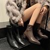 尖头欧美短靴秋冬时装粗跟弹力，瘦瘦靴小众设计大码女靴41—43