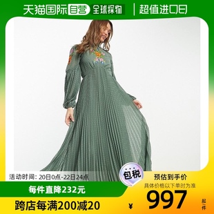 香港直邮潮奢 ASOS 女士设计褶裥蕾丝拼块刺绣中长连衣裙(卡其色)