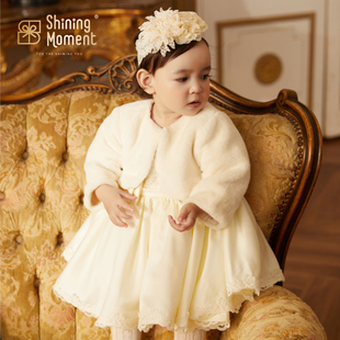 shiningmoment周岁女宝宝礼服，婴儿白色泡泡袖，蕾丝蓬蓬公主裙百天
