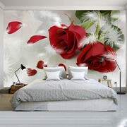 订制主题酒店壁画浪漫红玫瑰花，背景墙布温馨卧室床头高端壁布