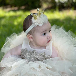 手工儿童发饰米白色公主小女孩立体顶夹发带头饰周岁生日拍照