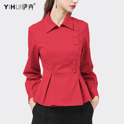 衬衫女职业收腰衬衣，通勤气质上衣红色，设计感显瘦加绒小衫春秋