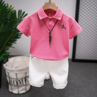 男童夏装套装2024夏季中童男，宝宝时尚短袖粉色polo衫两件套潮