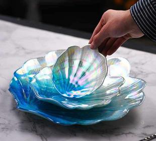 创意炫彩玻璃贝壳盘碟家用离子镀海洋水果盘欧式托盘零食摆件盘子