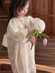 儿童裙子2024春夏韩版女童蕾丝，连衣裙中小童，提花灯笼袖公主裙