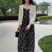 冰丝针织防晒开衫碎花吊带套装女2023夏薄款雪纺连衣裙罩衫两件套