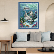 diy海豚印花十字绣2023自己绣海洋动物竖版餐厅卧室挂画线绣