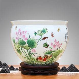 景德镇陶瓷器摆件新中式粉彩瓷聚宝盆水缸小鱼缸乌龟缸睡莲碗工艺