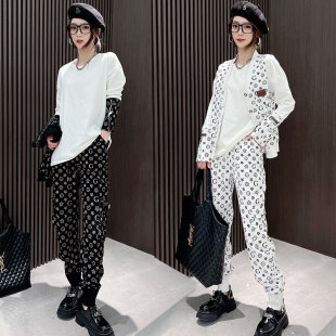 2023春时尚水洗牛仔卫衣三件套装女健身跑步服马甲卫衣裤子潮