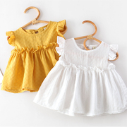 女童棉麻娃娃衫2023夏季儿童时髦飞袖上衣，宝宝洋气宽松白衬衫