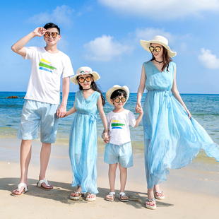 亲子装一家三口海边度假全家装母子母女装沙滩裙女童长裙连衣裙夏