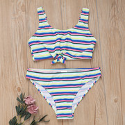 出英国元单P*K品牌儿童分体游泳衣比基尼中大女童泳装彩条纹