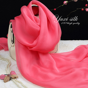 西瓜红纯色100%桑蚕丝，长款真丝丝巾披肩，女纱巾春秋冬夏季丝绸围巾