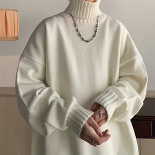 白色高领毛衣男秋冬高级感基础款针织衫外套oversize内搭打底上衣