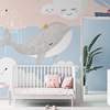 定制北欧简约淡蓝色儿童房墙纸卡通，动物鲸鱼壁纸，男女孩房卧室条纹