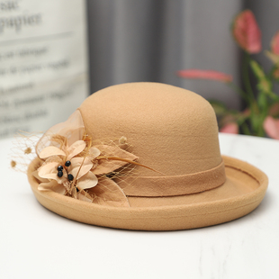 帽子女秋冬卷边羊毛呢礼帽时尚，优雅韩版休闲花朵，英伦时装帽潮盆帽
