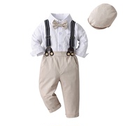 男童春秋款长袖背带裤套装，儿童帅气绅士，纯色两件套宝宝带帽子哈衣