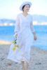 棉麻夏季大摆型夏白色苎麻七分袖连衣裙系带双层不透气质女装