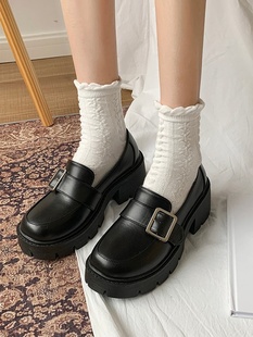 日系女学生显瘦一脚蹬jk制服小皮鞋英伦风，方扣厚底增高单鞋潮
