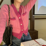 秋季女装2022年设计感小众v领粉色毛衣外套，短款针织开衫上衣