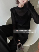 韩国货(韩国货)2024春季时尚，圆领套头长袖亮片设计黑色透视衬衫女