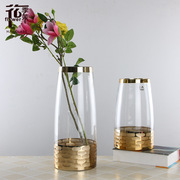 花瓶北欧电镀金色蜂窝摹刻玻璃花瓶收口家居客厅装饰摆件
