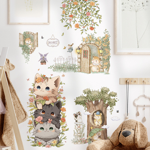 可移除墙贴纸防水自粘卡通，可爱猫咪植物，叶子花朵墙壁纸装饰儿童房