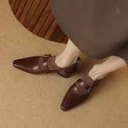 法式复古拼接粗跟深口单鞋，女春秋棕色方头，中跟皮带扣一脚蹬小皮鞋
