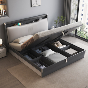 床现代简约高箱气动储物床，1.8米主卧侧抽双人床，1.5米榻榻米板式床
