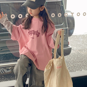 女童长袖t恤2024儿童体恤粉色，假两件中大童上衣韩系童装春装