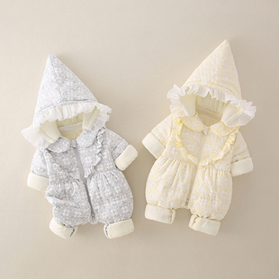 婴儿连体羽绒服冬季90白鸭绒一岁女宝宝衣服加厚加绒保暖外出哈衣