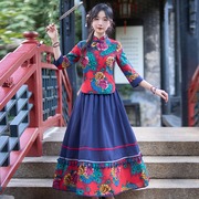中国风女装2024秋季时尚复古民族风印花棉麻旗袍上衣半裙套装