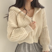 韩国chic春秋慵懒风连帽短款毛衣外套，女设计感粗针翻领宽松针织衫
