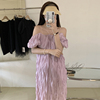 韩国chic夏季温柔香芋紫一字领露肩，褶皱感设计泡泡，袖吊带连衣裙女