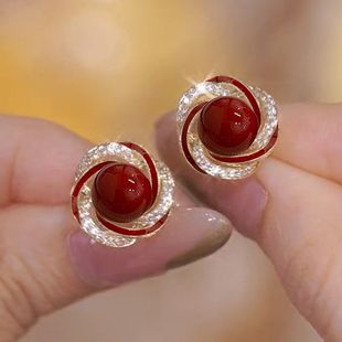 新年红色珍珠耳钉女精致小巧s925银针，耳饰高级感优雅气质过年耳环