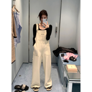 EKOOL定制 奶白色背带裤女春季慵懒坠感宽松直筒连体裤阔腿长裤子