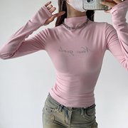 美式粉色长袖t恤女早秋季内搭外穿半高领打底衫修身甜辣短款上衣