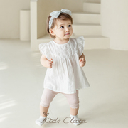 kidsclara韩国女童衬衫，夏款薄款短袖公主，风白色纯棉上衣宝宝夏装