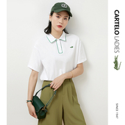 鳄鱼白色Polo领T恤女短袖夏季2023年韩版条纹宽松显瘦Polo衫