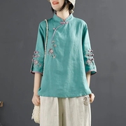 2024夏季中国风复古棉麻衬衫，女中式立领，盘扣上衣斜襟绣花茶服