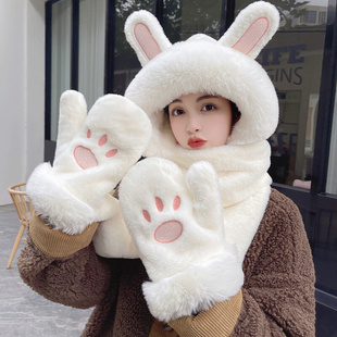 帽子围巾手套一体加厚女生连帽冬可爱韩版兔子耳朵三件套