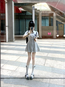 复古夏季韩系学院风中长款白色，衬衫裙子女，辣妹收腰荷叶边短裙