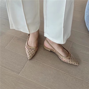 仙仙的女鞋2023年韩版甜美优雅仙女波点网纱尖头低跟后空单鞋