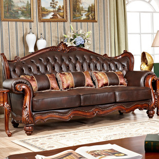 美式实木真皮沙发客厅，复古皮艺沙发组合别墅，雕花沙发欧式奢华家具