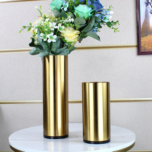 欧式圆筒金属电镀花瓶摆件客厅，样板房金色铁艺插花器轻奢软装