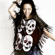 泰国海外潮人 古着嬉皮摇滚酷炫线描图全棉流苏音乐节个性黑T恤